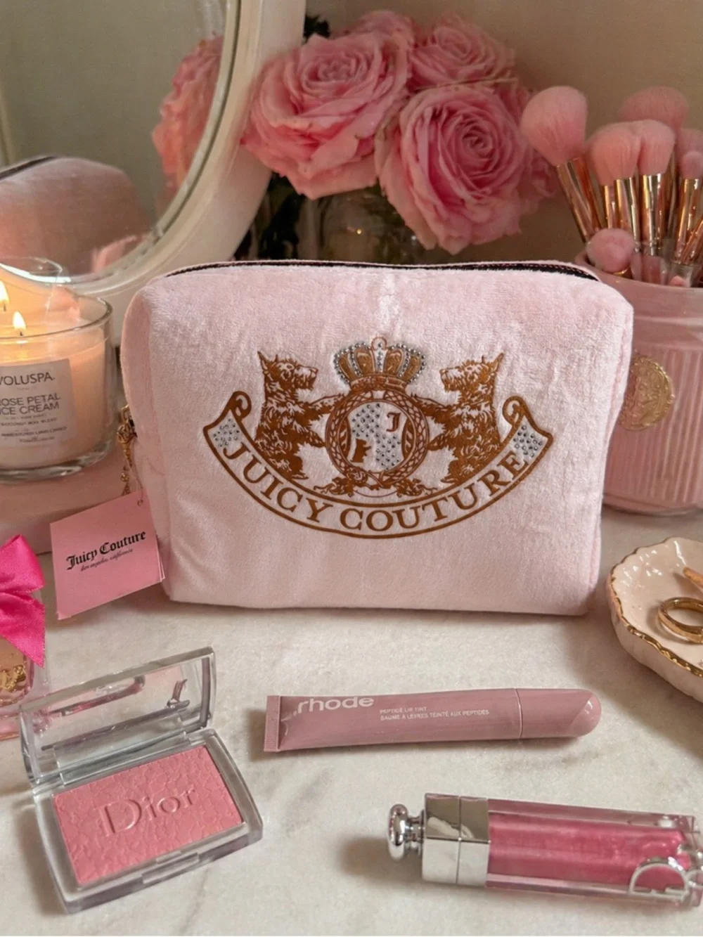 Juicy Couture Pink Velour Makeup Bag NWT Crown Logo Rhinestone Pouch Y2K